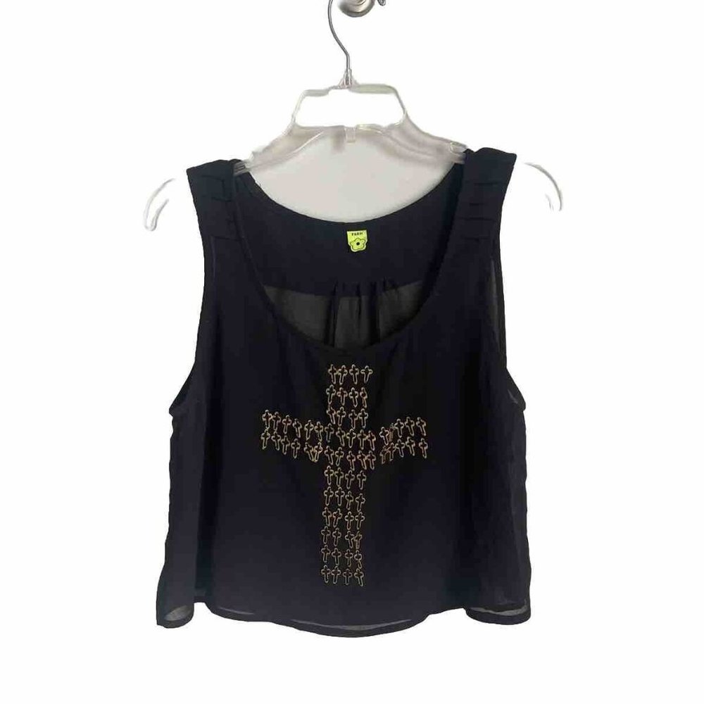 Farm Rio Black Sheer Embellished Cross Cropped Tank Sleeveless Women's - Picture 1 of 7